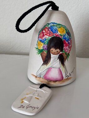 Vintage DeGrazia Native American Child and Flowers Sandstone Bell with Clapper